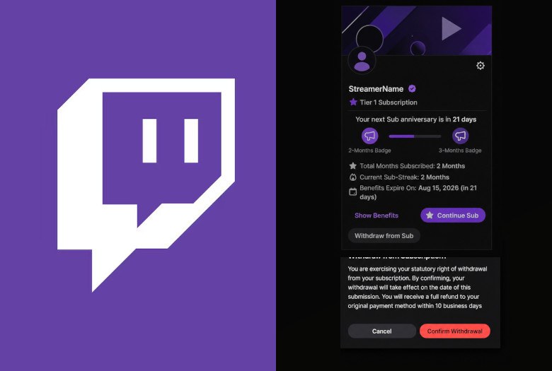 Twitch führt Widerrufs-Button für Abonnements in der EU ein Twitch Subscription Withdrawn Twitch Abo Widerrufen